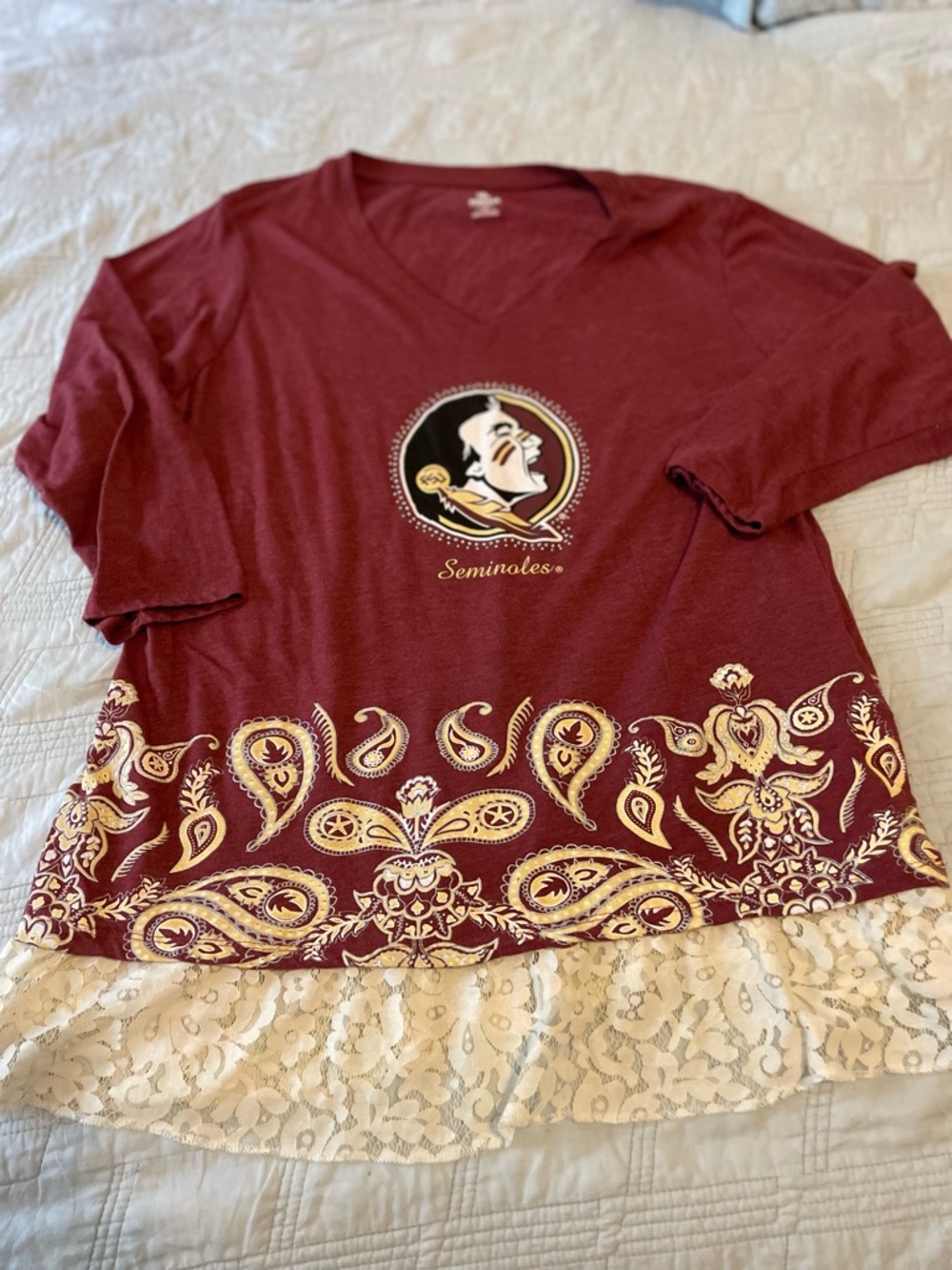 Florida State Seminoles Maroon Paisley V-Neck Top - rhinestones and lace